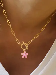 Women's Stainless Steel Toggle Clasps Pendant Necklace, Elegant Plain Design, Multi-Color Flower Charm, All Seasons Jewelry