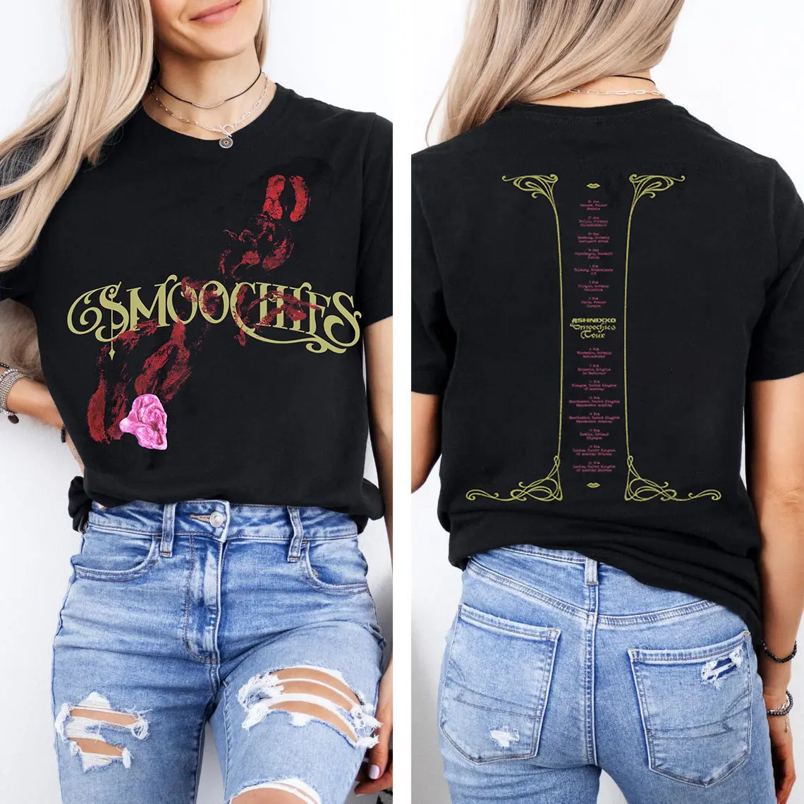 Women's Ashnikko Smoochies Tour Graphic T-Shirt, Short-Sleeve Round Neck Cotton Streetwear Top with Digital Print, Tshirt, Clothes