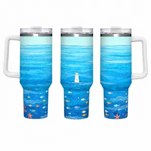 40oz Stainless Steel Insulated Tumbler with Handle & Straw - Watercolor Ocean Wave Lighthouse Fish Starfish Coastal Wrap Print, Double-Wall Leakproof Cup for Beach, Summer Nautical Daily Hydration (Insulation Feature)