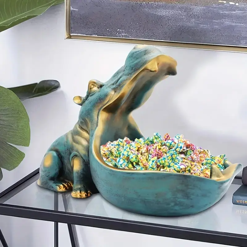 Hippo Statue Figurine Resin Blue Candy Bowl & Key Rack, Indoor Outdoor Holiday Decor for Halloween Christmas Easter Thanksgiving Home Office Desk Art