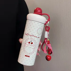 600ML Cherry Pendant Insulated Cup, Polka Dot Cherry Cake Pattern Coffee Mug, Stainless Steel 316, Suitable for Outdoor Sports, Travel, Home Use