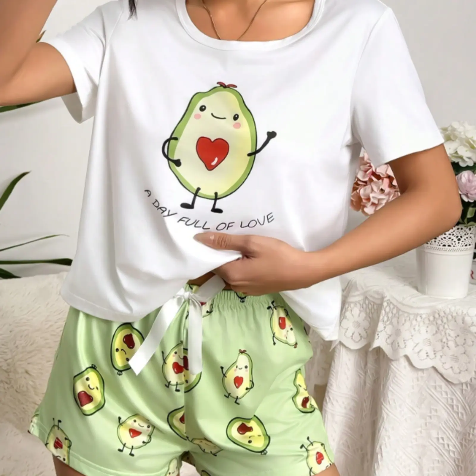 Cute Avocado Heart Pattern Pajamas Summer For Women Fashion Daily Wear