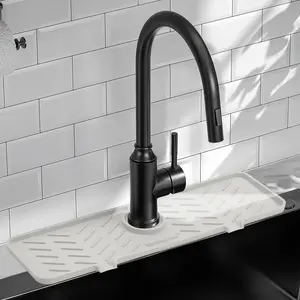 Faucet Splash Guard Gen 2 - Outlet & Slope Upgraded Faucet Water Catcher Mat - 18 x 5.1 - Sink Sponge Holder for Kitchen, Bathroom(Beige)