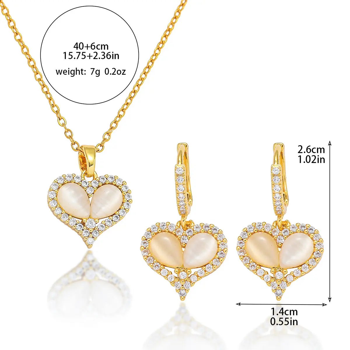 3PCS Jewelry Set, Peach Heart Necklace + Earrings, Loving Heart Zircon Suit Rotating Peach Heart Cat Eye Suit