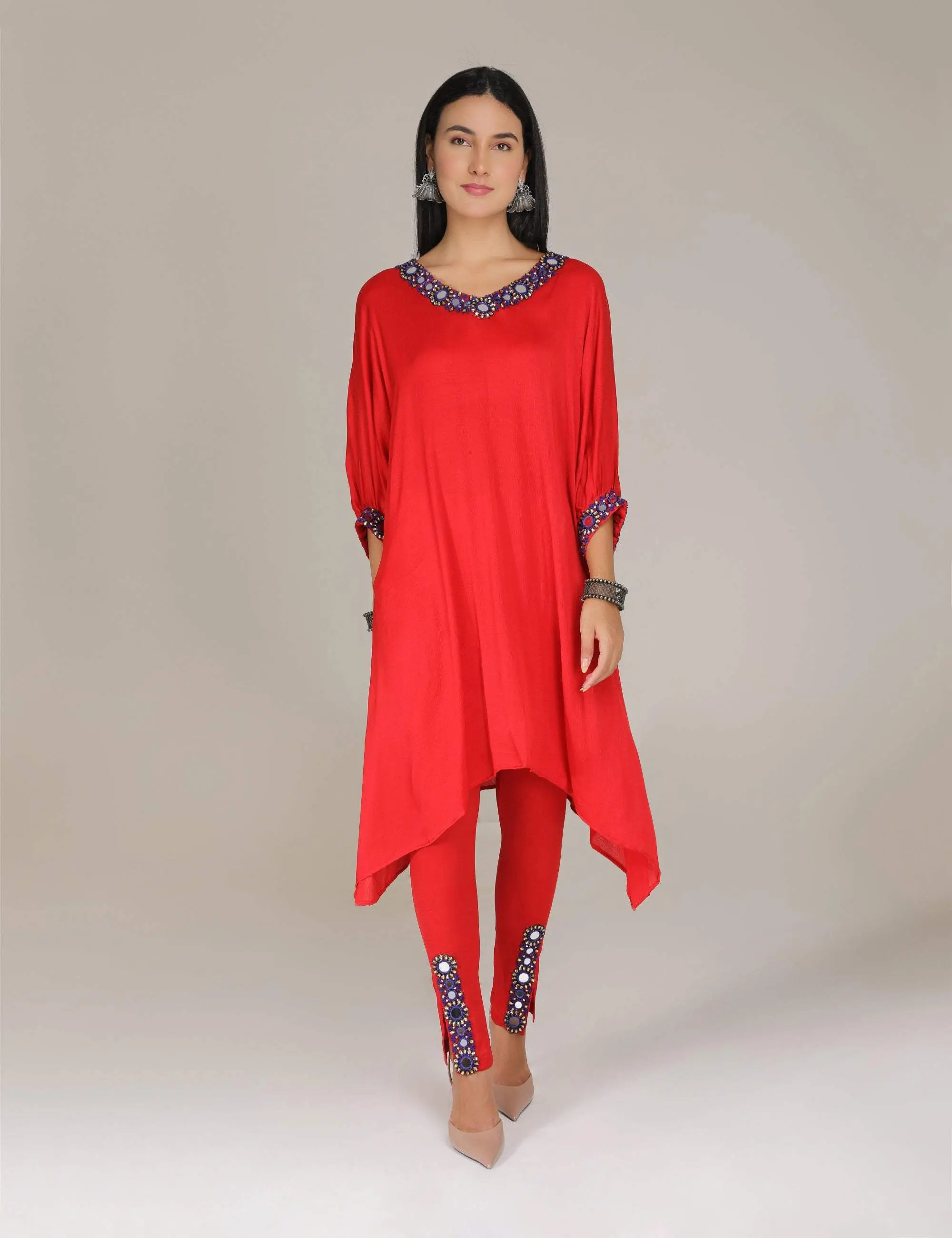 Red Shisheh Afghan Kurta with Narrow Pants