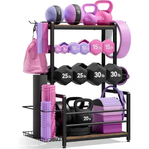 Gym  Equipment Weight Rack - 3-Tier Workout Storage Stand for Dumbbells & Kettlebells,  Ball Holder, Steel Organizer with Side Basket, Hooks