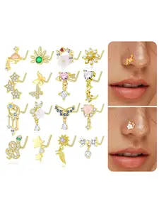 16Pcs Dangle Nose Rings Studs for Women 20G Stainless Steel L Shaped Dangling Nose Stud Flower Butterfly Heart Star Arrow Snowflake Leaf Bowknot Feather Snake Moon Wing Water Drop Planet CZ Nose Piercing Jewelry Gold Silver Tone Nose Rings Set