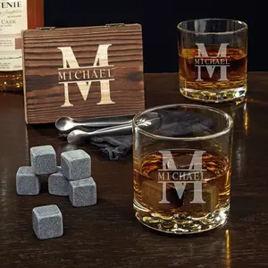 Personalized Liquor Glass Set with Whiskey Stones for Bourbon and Scotch by HomeWetBar - Whiskey Bar Glassware and Accessories