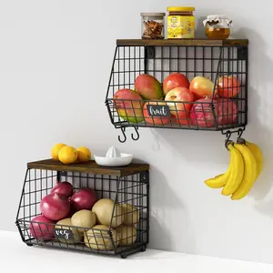 Hanging Wall Fruit Basket for Kitchen Counter 2 Pack, Stackable Wire Baskets for Organizing with  Lid, Potato and Onion Storage Bin with Banana Hook for Vegetable Produce, Black + Rustic