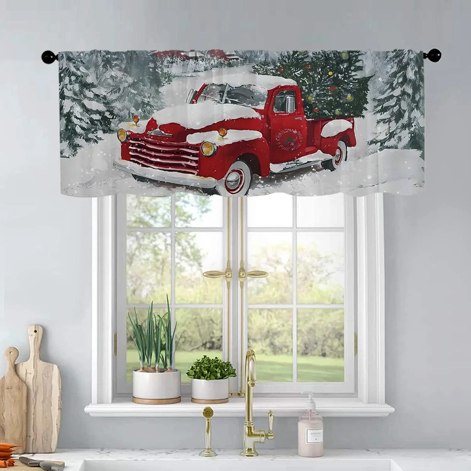 1Pc Christmas And New Year Printed Kitchen Curtains Christmas Truck With Christmas Tre Curtains Curtain Valance Living Room Bedroom Bathroom Home Decor 54X18 Inch Window Curtain