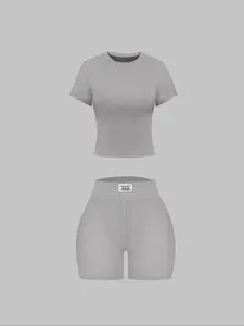 Women's Summer Casual Solid Color Knitted Round Neck T-Shirt Shorts Set, Comfortable and Stylish, Perfect for Daily Wear Outfit