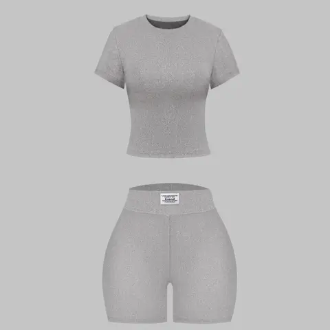 Women's Summer Casual Basic Solid Color Knitted Round Neck T-Shirt Shorts Matching Set Clothes, Comfortable and Stylish, Perfect for Daily Wear Outfit