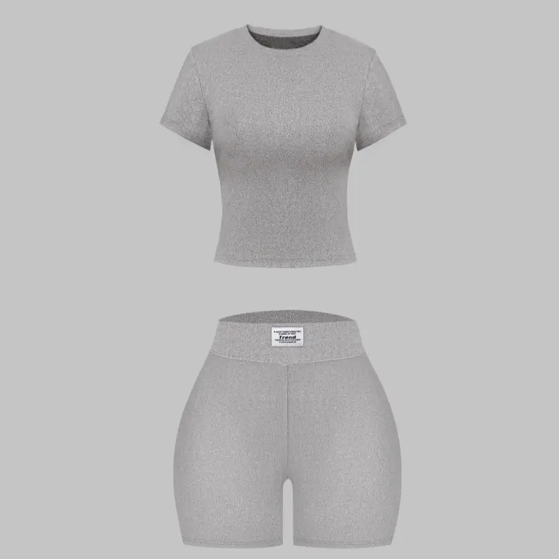Women's Summer Casual Basic Solid Color Knitted Round Neck T-Shirt Shorts Matching Set Clothes, Comfortable and Stylish, Perfect for Daily Wear Outfit