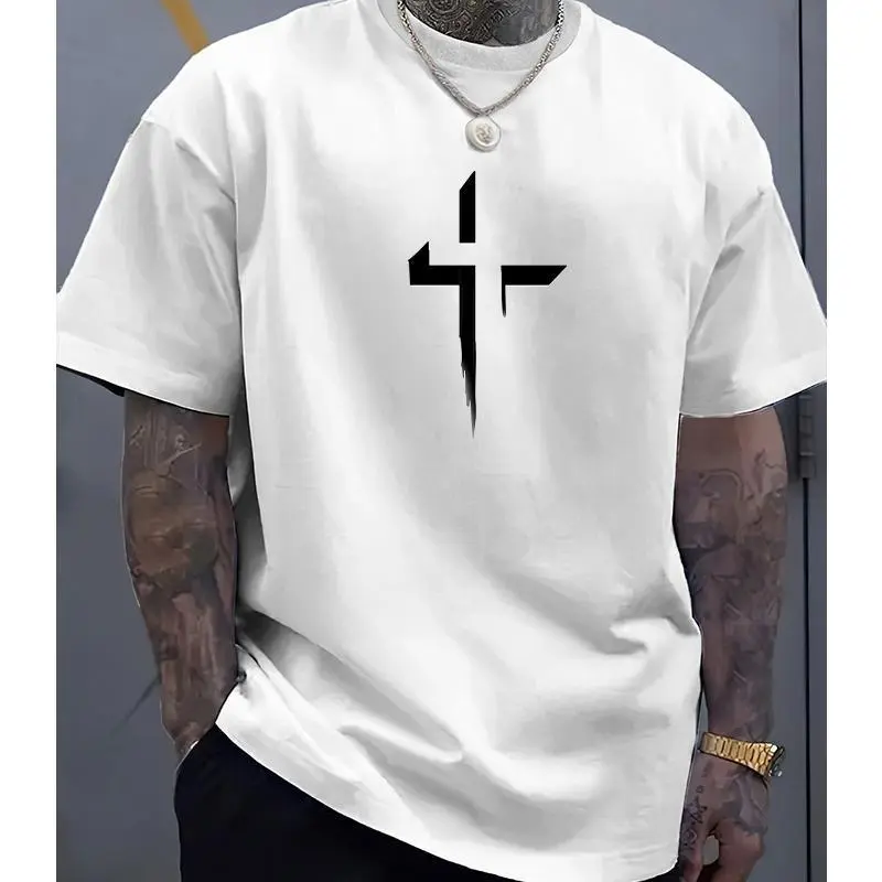 Men's Cotton Seamless Cross-Printed Casual T-Shirt - Summer Fashion Round Neck Short Sleeve Streetwear Menswear Top, Tshirt