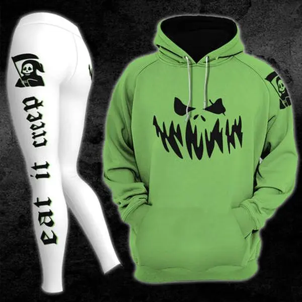 Eat It Creep Hoodie and Leggings Set, Green Monster Face Halloween Outfit, Gothic Grim Reaper Tracksuit, Spooky Matching Combo
