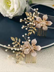 Elegant Vintage Style Bridal Hair Comb, Flower and Leaf Design, Women Bohemian Headpiece, Perfect for Wedding Parties and Graduation Use