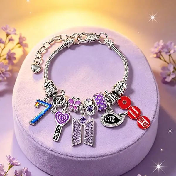 Charm Bracelet for Women, ARMY 7 Logo Purple Rhinestone Dangle Charms Snake Chain Bracelet, K-Pop Fans Jewelry Gift