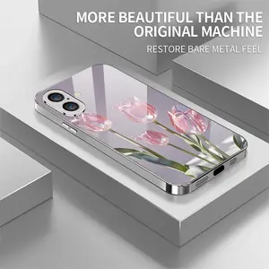 Pink glass tulip pattern, drop-proof and non-slip TPU full-coverage lens electroplated silver glass phone case, compatible with iPhone 17, 16, 15, 14, 13, 12, 11, Samsung and other models. Makes a great gift for friends or family.