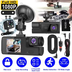 WiFi Dash Cam with 64GB Card Included, 1080P 3 Channel Front Rear Inside Dash Camera for Cars, 170° Wide Angle Backup Camera with Reversing Visual, Loop Recording