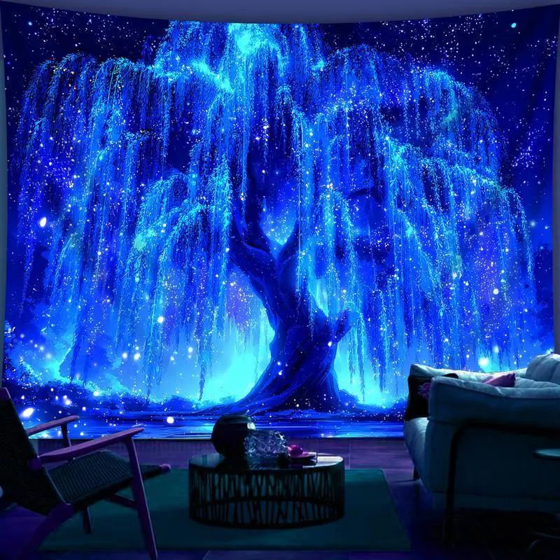 1pc Brilliant Starry Sky Tree Of Life- Glow In The UV Light Banner Tapestry, Large Size Peach Skin Fluorescent Printing Tapestry, Bedroom Hanging Tapestry For Party Festival, Bedroom Home Decor, Fabric Wall Decoration With Free Accessories