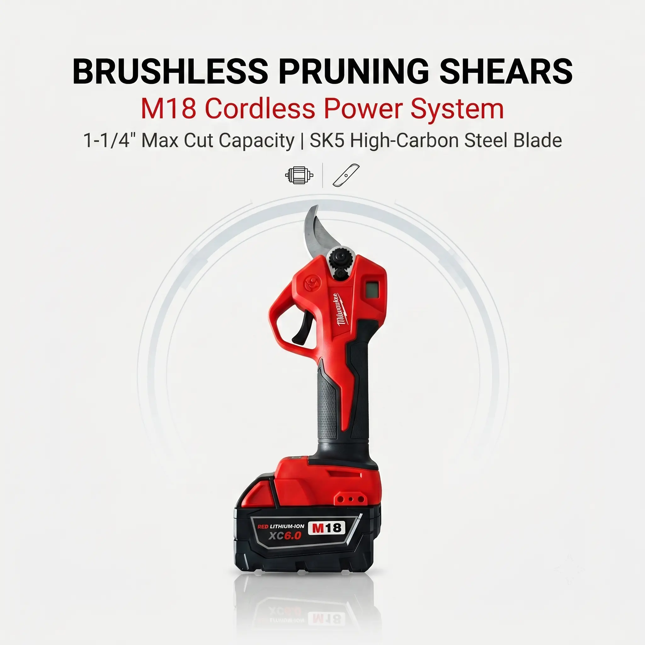 Milwaukee M18 Brushless Cordless Electric Pruning Shears (M18 System), 18V, 35mm Cut Capacity Power Tool with LCD Display, SK5 Steel Blade, Safety Trigger, Tree Bark-Safe for Orchard Gardening, Professional Arborists (Bare Tool)