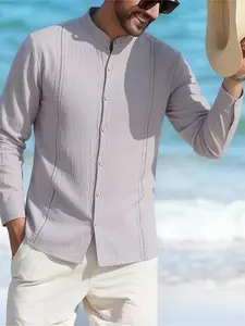 Men's Stand Collar Cotton Linen Long Sleeve Shirt, Casual Fashion Top for Daily Wear, Comfortable and Breathable Material, Casual Design