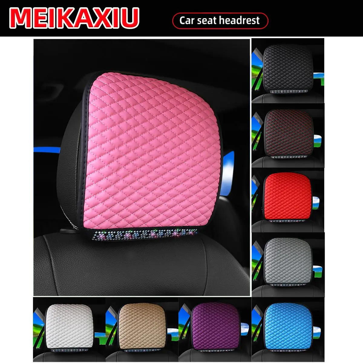 1 PU leather embroidered three-dimensional diamond Blingbling anti-slip car headrest for women's seat headrest separation