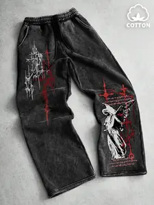 Unisex Comfortable Cotton Washed Dark Gothic Crying Angel Print Loose Pants, Casual Fit, Daily Wear, Fashion Essential