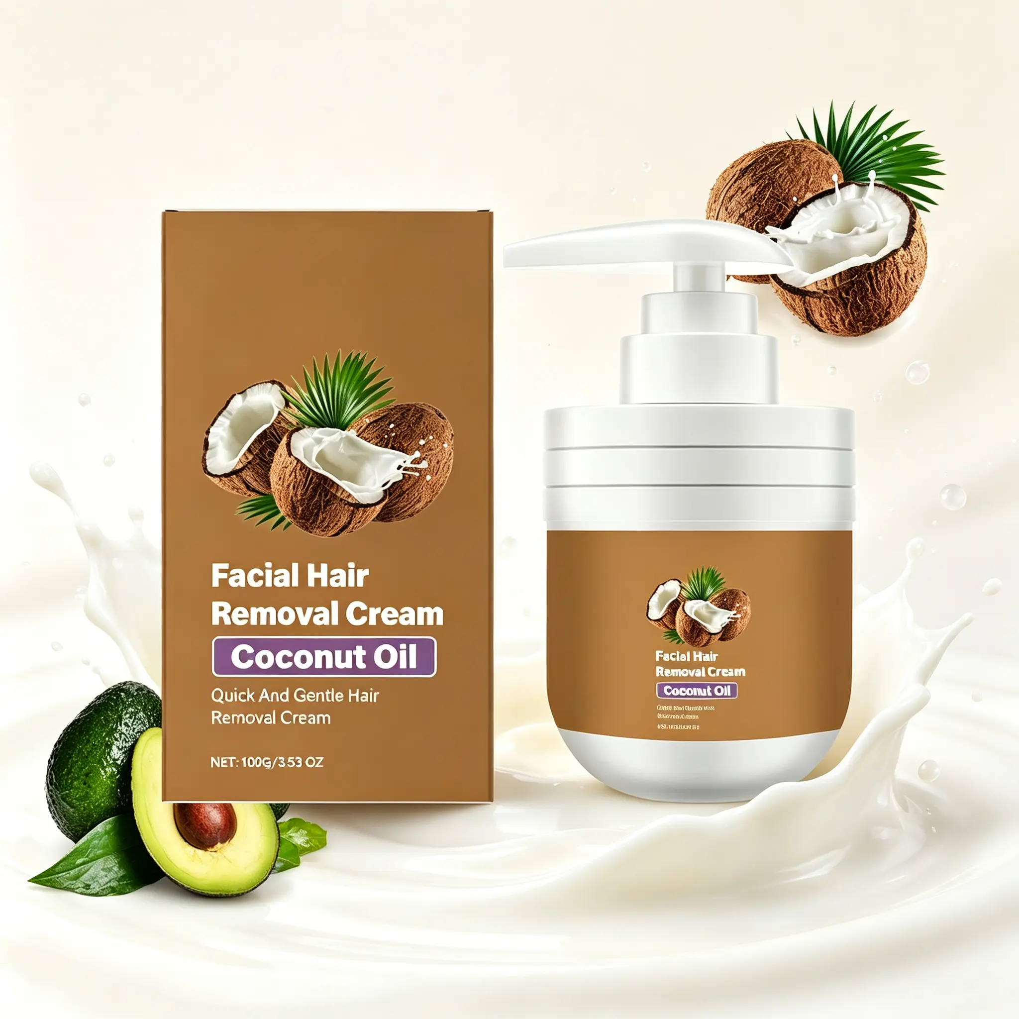 Facial Hair Removal Cream with Coconut Oil, Gentle Moisturizing Formula for Smooth Skin, Exfoliating and Alcohol-Free Depilatory for Women, 100g, Exfoliate