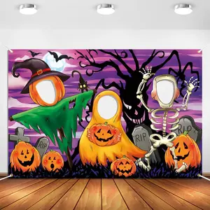 Halloween Horror Night Banner, Pumpkin Head Strawman Ghost Skull Cutout Photo Prop, Full Moon Bat Monster Tree Photography Background