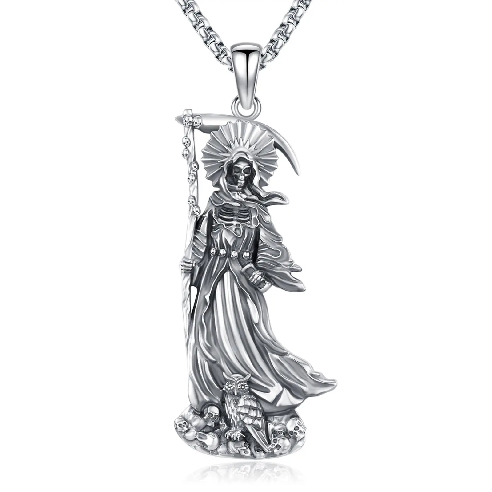 DRINSPER 925 Sterling Silver Unisex Santa Muerte Necklace - Elegant Grim Reaper Pendant, Adjustable Chain Length, Couples Fashion Statement, Birthday Gift Jewelry Protective Symbol