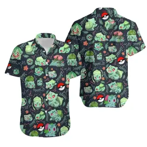 Video Game Character Pattern Hawaiian Shirt, Green Grass Type Pocket Monster Apparel For Men Women, Gamer Anime Fan Summer Beach Holiday Top | 300326.C15874.ID00