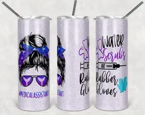 Medical Assistant Cup, Medical Assistant Gift, Medical Gift Tumbler, Messy Bun, Purple, Glitter, 20 oz. Stainless Steel Tumbler - Skinny Tumbler 20oz, Gift for Christmas, Gift for New Year, Best Gift