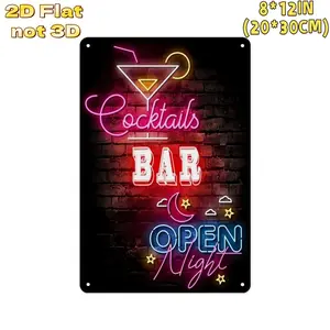 2D Flat not 3D 1PC Neon Cocktails Bar Open Night Sign, Neon Light Decor, Bar Drink Sign, Ideal For Cocktail Bars & Lounges, Party Bar Art, Night Out Sign, Cocktail Party Decor, 8x12 Inches / 20x30 Cm, Drink  Decorative Atmosphere Lamp Nightlight