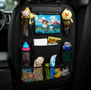 Rear seat car storage bag with a 10-inch transparent tablet holder, multi-pocket waterproof car seat organizer with cup holder, easy-to-install kids’ road trip rear storage bag, suitable for SUVs and trucks mat