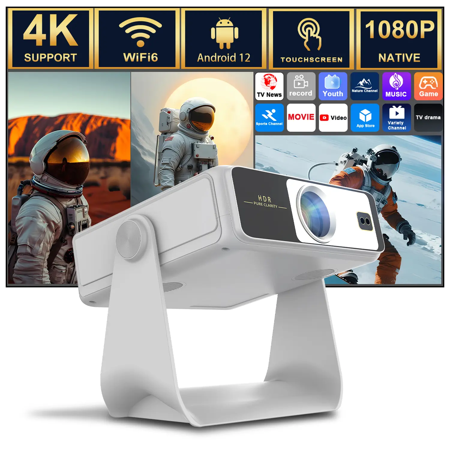 7" Touch Screen Projector, 1080P Full HD, WiFi 6 & Bluetooth 5.2, Auto Focus Keystone, Phone Screen Mirroring, Smart Android 4K, Built-in Speaker, Home Theater Indoor Outdoor
