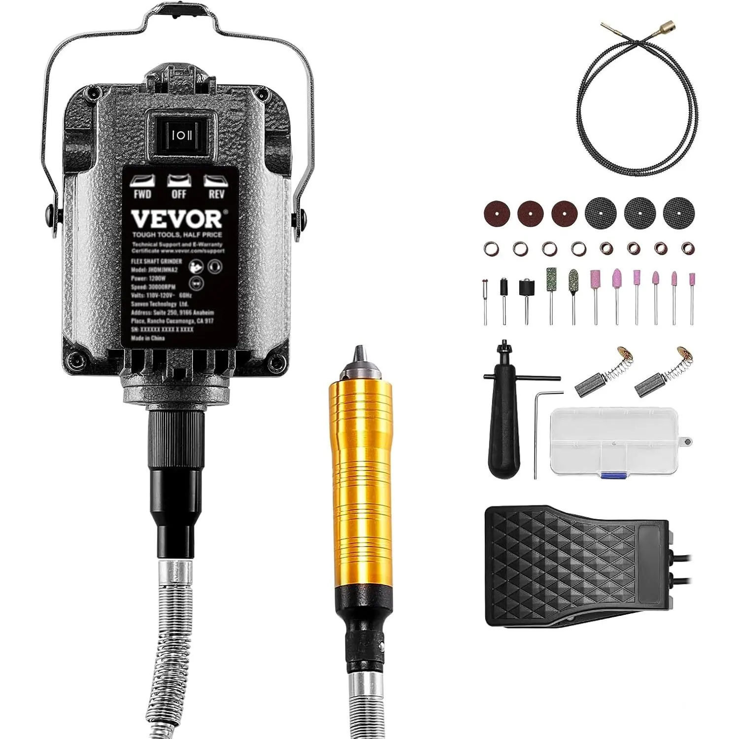 VEVOR 1200W Flex Shaft Grinder Electric Rotary Tool Multitool with Foot Pedal, 30000RPM, 31PCS Accessories, High-Precision 3-Jaw Chuck, Spare Inner Cable, Storage Box, ABS+PC Build, Sanding Bands, Carbon Brushes, Safe Hanging Design for Carving, Buffing