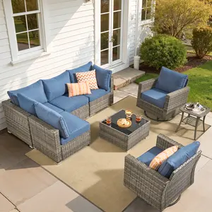 Ovios Patio Furniture Set 8-Piece Outdoor Sectional Sofa Set with Cushions, Wicker Rocking Swivel Chairs & Tempered Glass Coffee Table, All-Weather Conversation Set for Backyard Garden Deck Patio