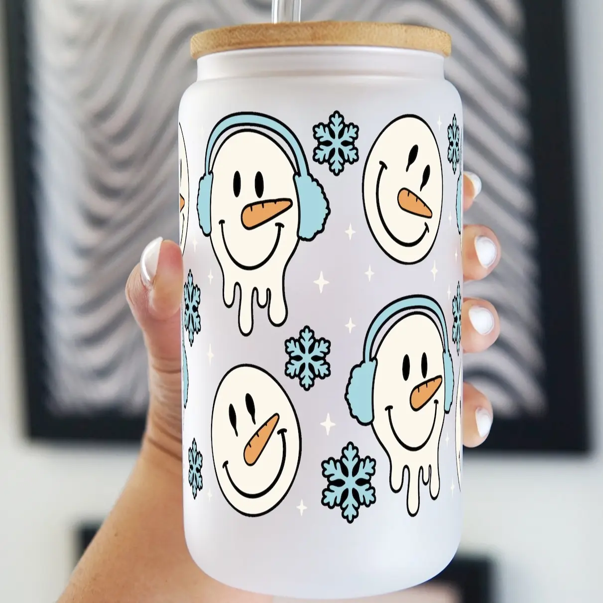 Snowman Christmas 40oz Glass Tumbler with Lid and Straw, Iced Coffee Drinkware, Gift for Her, Acrylic Tumbler, water bottle for women, christmas gift, Bamboo Drinkware Bottles, Reusable Water Bottles, Sublimation Blank Tumblers, Reusable Portable Thermos