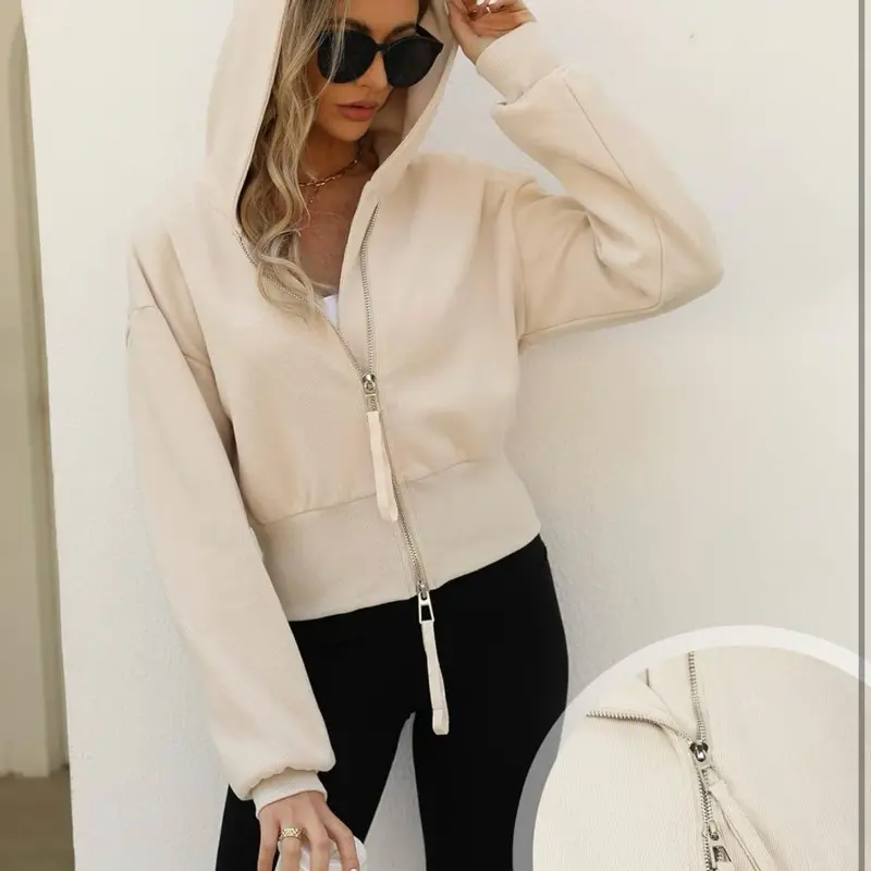 Arssm Cropped Hoodie Women Jacket Crop Top, Zip Up Long Sleeve, Beige - NWT
