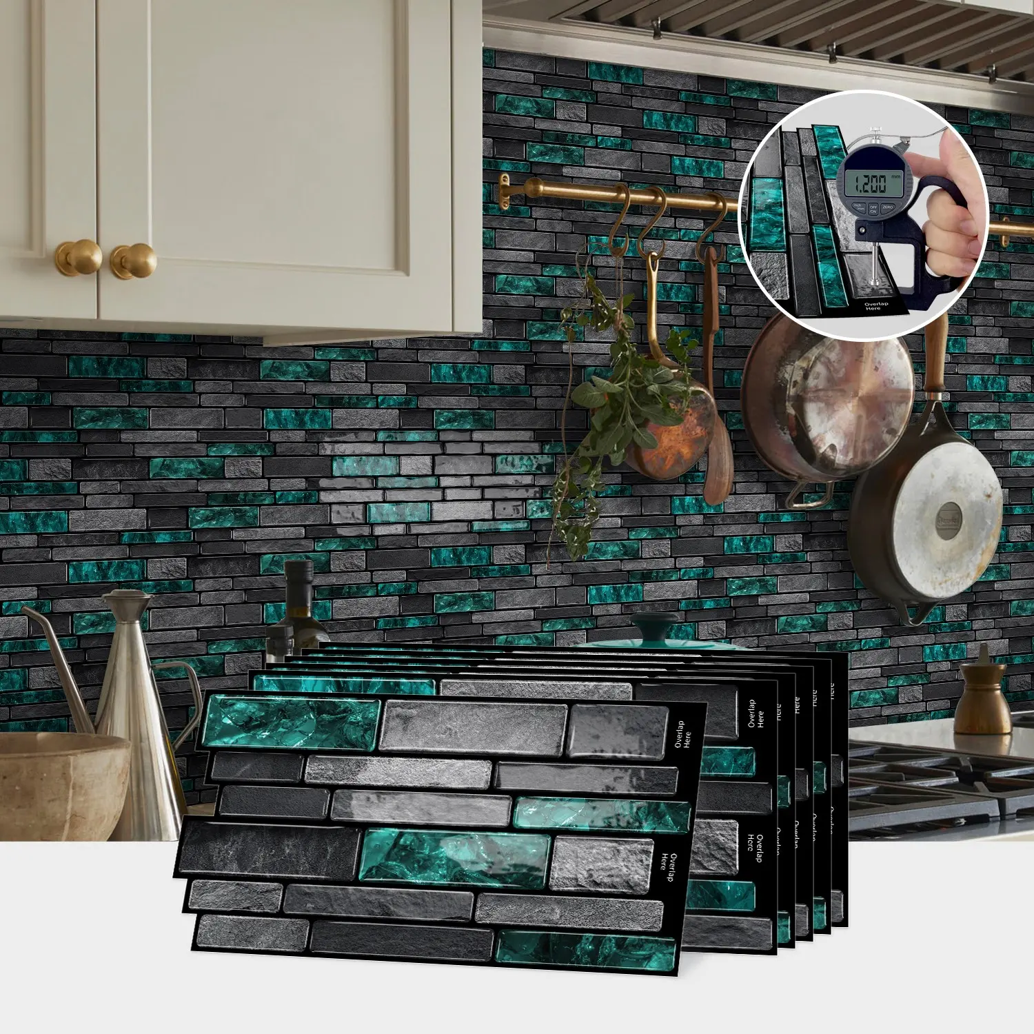 10/20/30PCS D-HTP Epoxy 3D Teal-Black Contrast Brick Pattern Tile Stickers, Decorative Wall Sticker, Self-Adhesive Waterproof Oil-Proof Removable DIY Wall Decor for Kitchen Bathroom Bedroom Office Furniture Interior Walls, Peel And Stick Wallpaper Designs