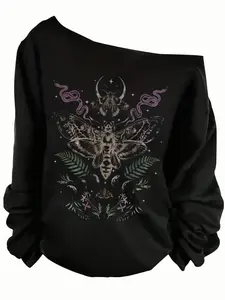 Women's Y2K Style Off-Shoulder Long Sleeve Knitted Sweatshirt, Knitwear, Insect & Snake Graphic Design, Fitted Polyester Fabric, Daily Wear