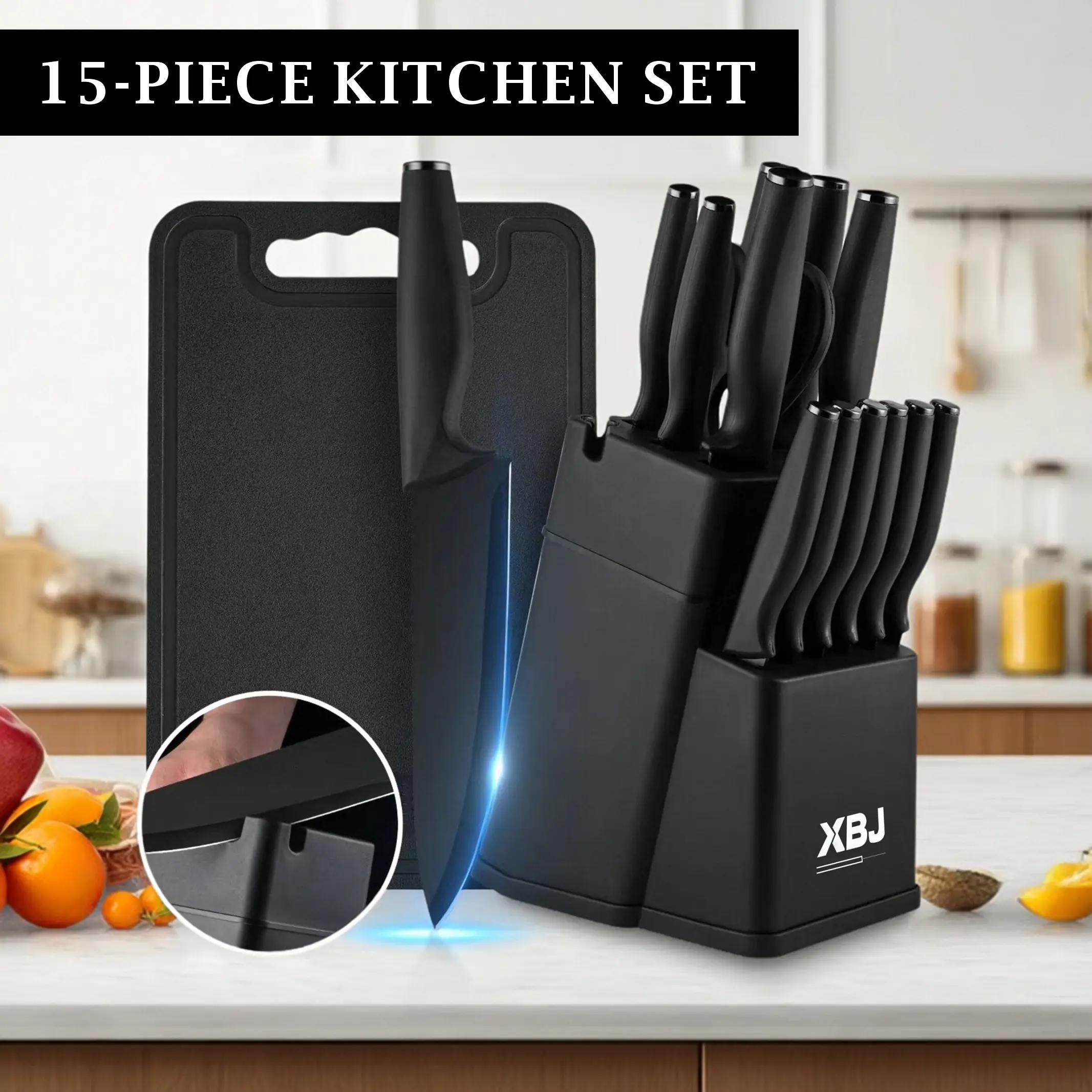 15-Piece German Stainless Steel Knife Block Set - Wood & Black Space-Saving Block, Ergonomic Curved Handle, 48-53HRC Hardness, Healthy Anti-Rust Coating, Built-In Sharpener, Dishwasher-Safe Premium Steak Knives for Home Cooking, Hardness 48-53Hrc, Cutting