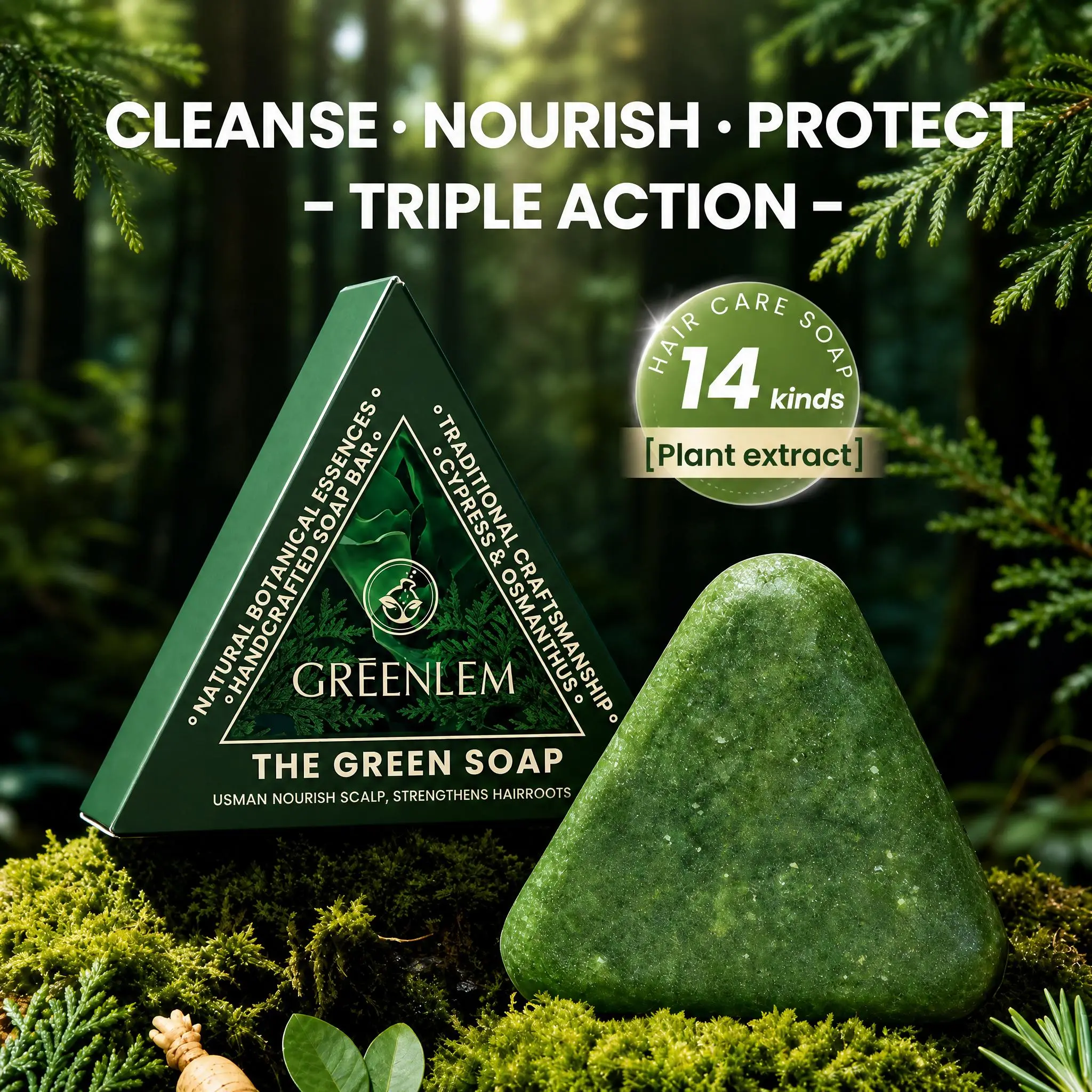 3 Pcs Usman Grass Natural Triangular Shampoo Bar - Gentle Cleanser for All Hair Types, Scalp Nourishment, Hair Root Strengthening