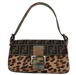 Pre-owned FENDI Furr Shoulder Bags Zucca Canvas Cheetah Calf Hair Leather Lizard Skin Baguette Shoulder Purse
