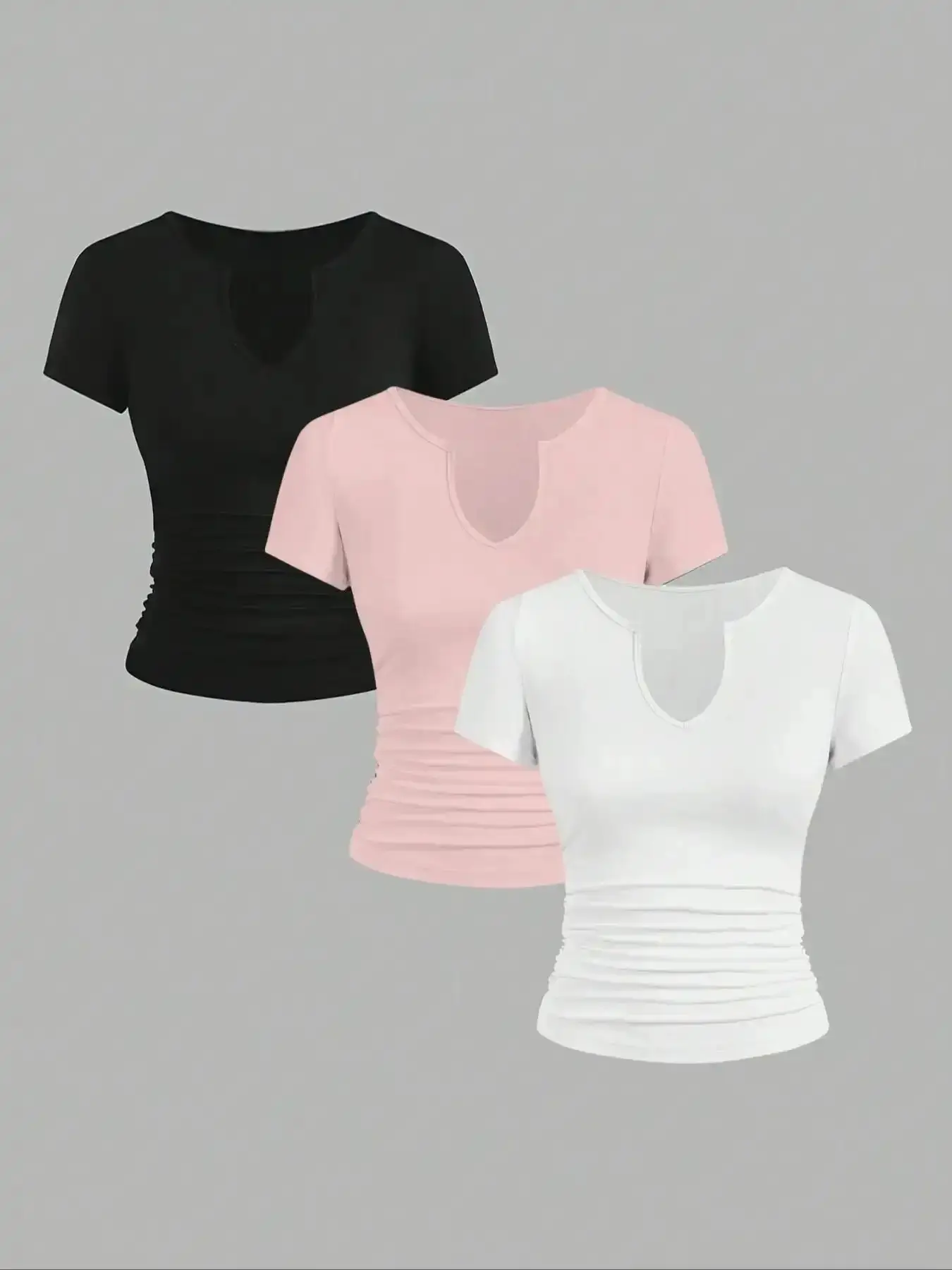 Women's Solid Color Notched Neck Tee, Casual Basic Short Sleeve T-shirt for Daily Wear, Ladies Clothes for All Seasons, Womenswear, Top, Casual Comfy Tee