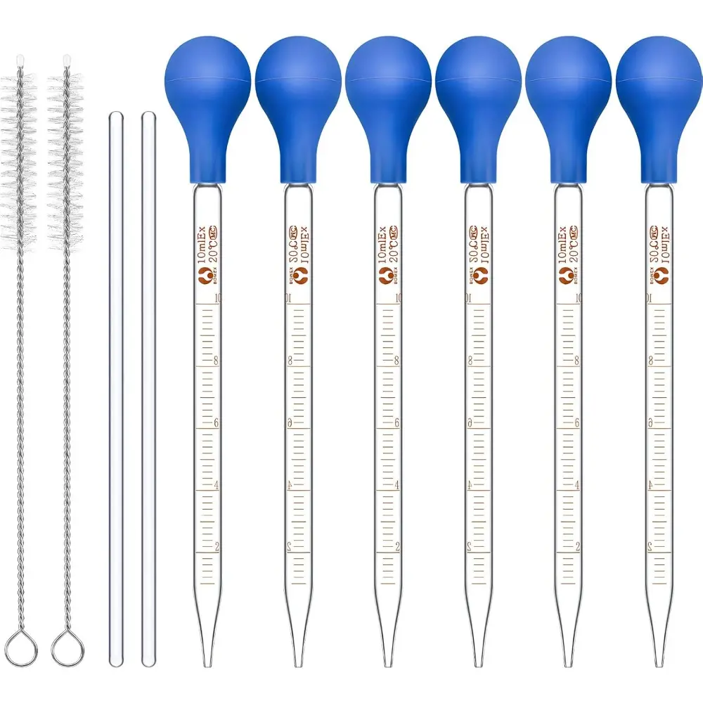 16-Piece 7.9-Inch 10ml Graduated Glass Droppers with 6 Rubber Caps, 2-Piece 20cm Glass Stir Rod & Easy-Clean Washing Brush, Kitchen Measuring Utensils for Essential Oils Liquid Transfer (Blue)