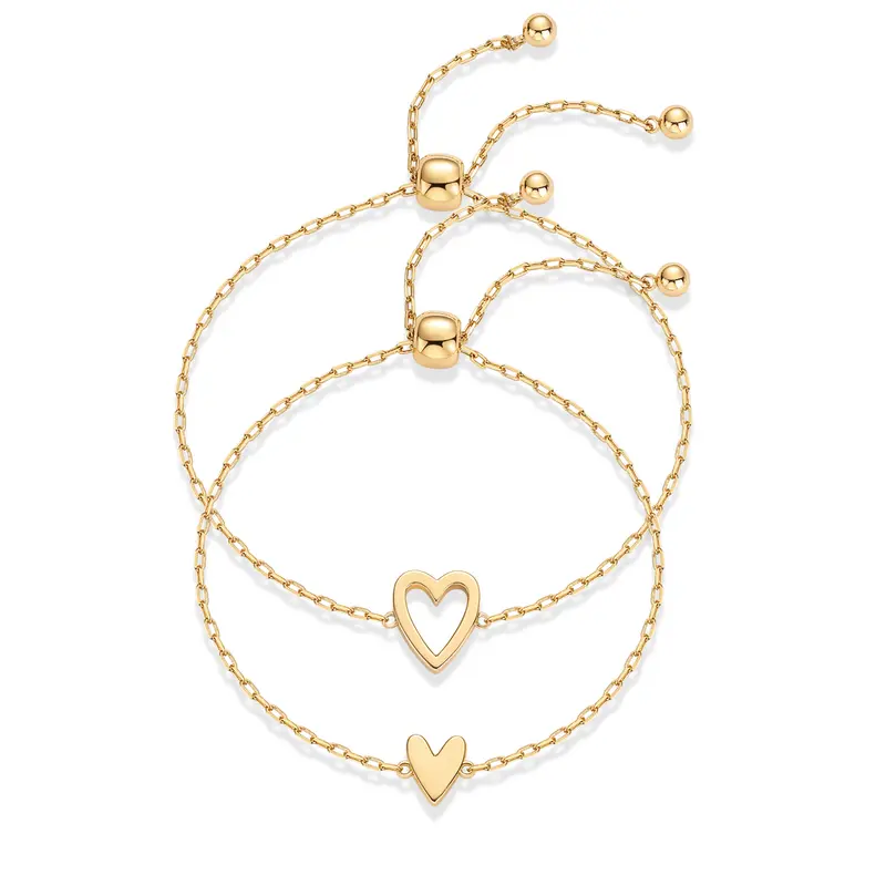 PAVOI 14K Gold Plated Adjustable Matching Bracelets for Women – Heart Charm and BFF Friendship Styles