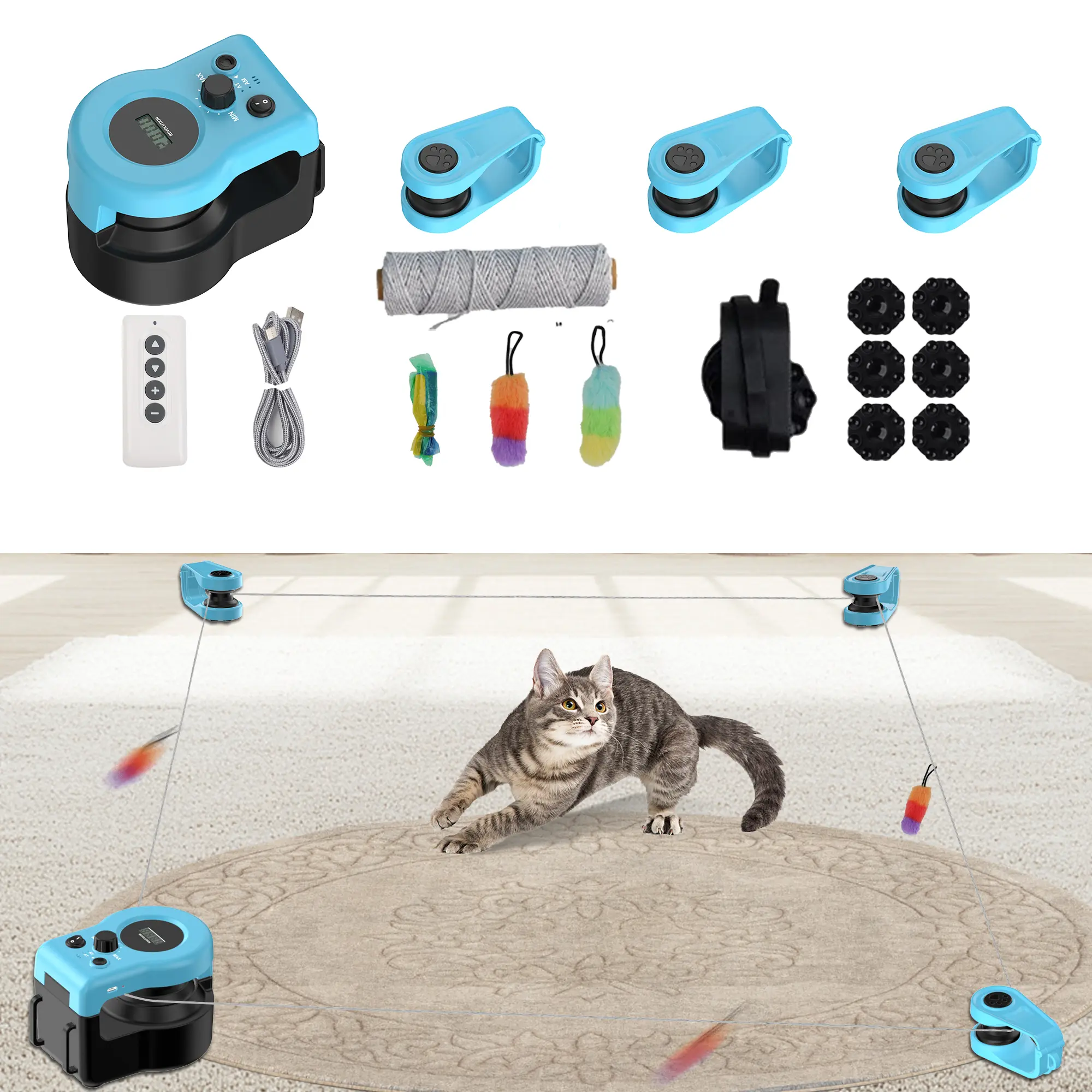New Upgrade Cat Toy, Cat Lure Coursing Machine | Auto & Remote Control | Hands-Free Interactive Toy for Cats & Dogs | Adjustable Speed | USB-C Rechargeable | DIY Treadmill for Active Pets | Replaceable Feather | Anti-Slip Design for All Floors.