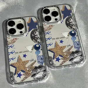The phone case is suitable for various iPhone models including iPhone 17, iPhone 16, iPhone 15, iPhone 14, iPhone 13, and iPhone 12. The luxurious transparent electroplated lens protection case is the perfect trendy and creative gift for couples